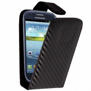 Housse à rabat noire  style carbone pour le Samsung Galaxy S3 mini