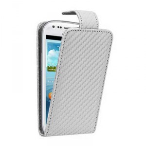 Etui à rabat blanc fibre carbone pour Samsung Galaxy S3 mini